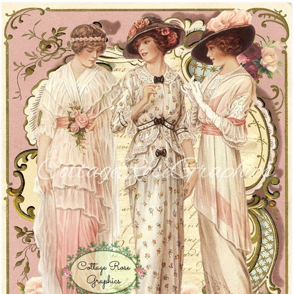 3 Vintage Victorian/Edwardian fashion ladies Pink Roses Large digital download  BUY 3 get one FREE