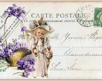 Vintage violets Postcard digital download Basket of posies Carte Postale collage French Script BUY 3 get one FREE single image