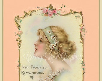 Vintage Valentine Kind Thoughts digital download Pink ROSES romantic single image ECS buy 3 get one free