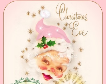 Pink Santa digital Christmas Eve  digital download  buy 3 get one free  single image printable