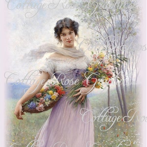 Victorian Lady with Flowers Print: Shabby Chic Cottage Art (Digital Download)