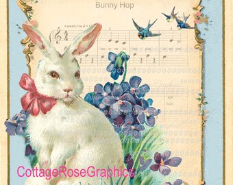 Vintage Easter Bunny Hop Image: Pink Roses Cottage Graphic (Digital Download)