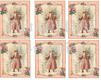 Victorian pink Santa Christmas greeting card sheet Large digital download 3.5 x 4 inches ECS buy 3 get one free