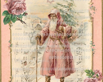 Pink Victorian  Santa Vintage Christmas  with roses Large digital download ECS buy 3 get one free