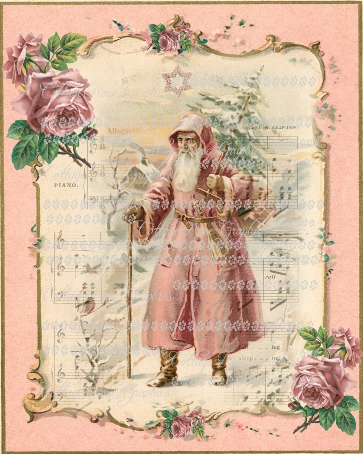 Pink Victorian Santa Christmas Roses - Vintage Digital Download - Etsy