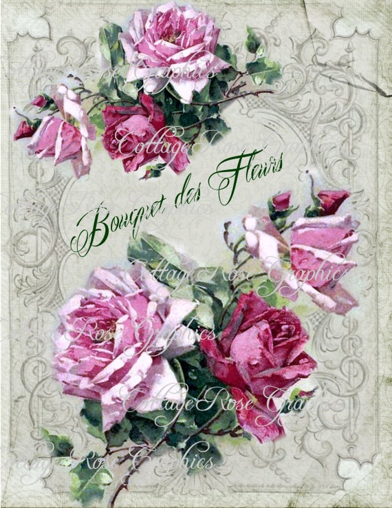 Bouquet Des Fleurs French Large Digital Download Ecs Buy 3 Get One Free Pink Roses Romantic Cottage Single Image