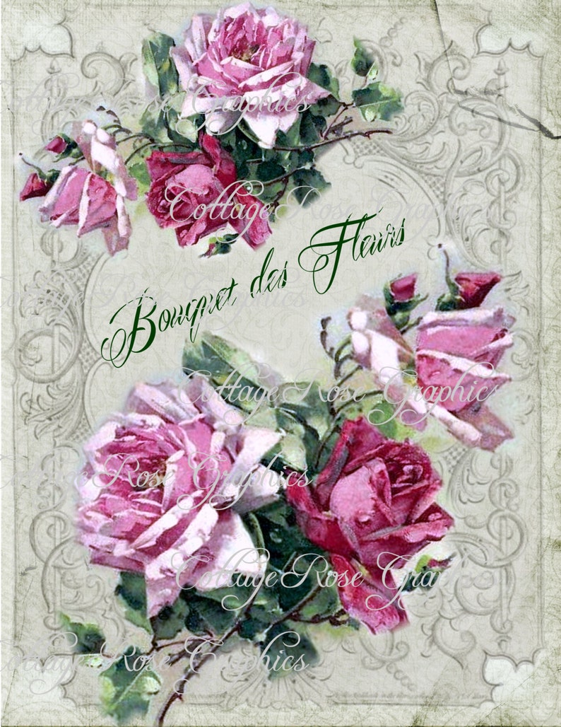Bouquet Des Fleurs French Large Digital Download Ecs Buy 3 Get One Free Pink Roses Romantic Cottage Single Image