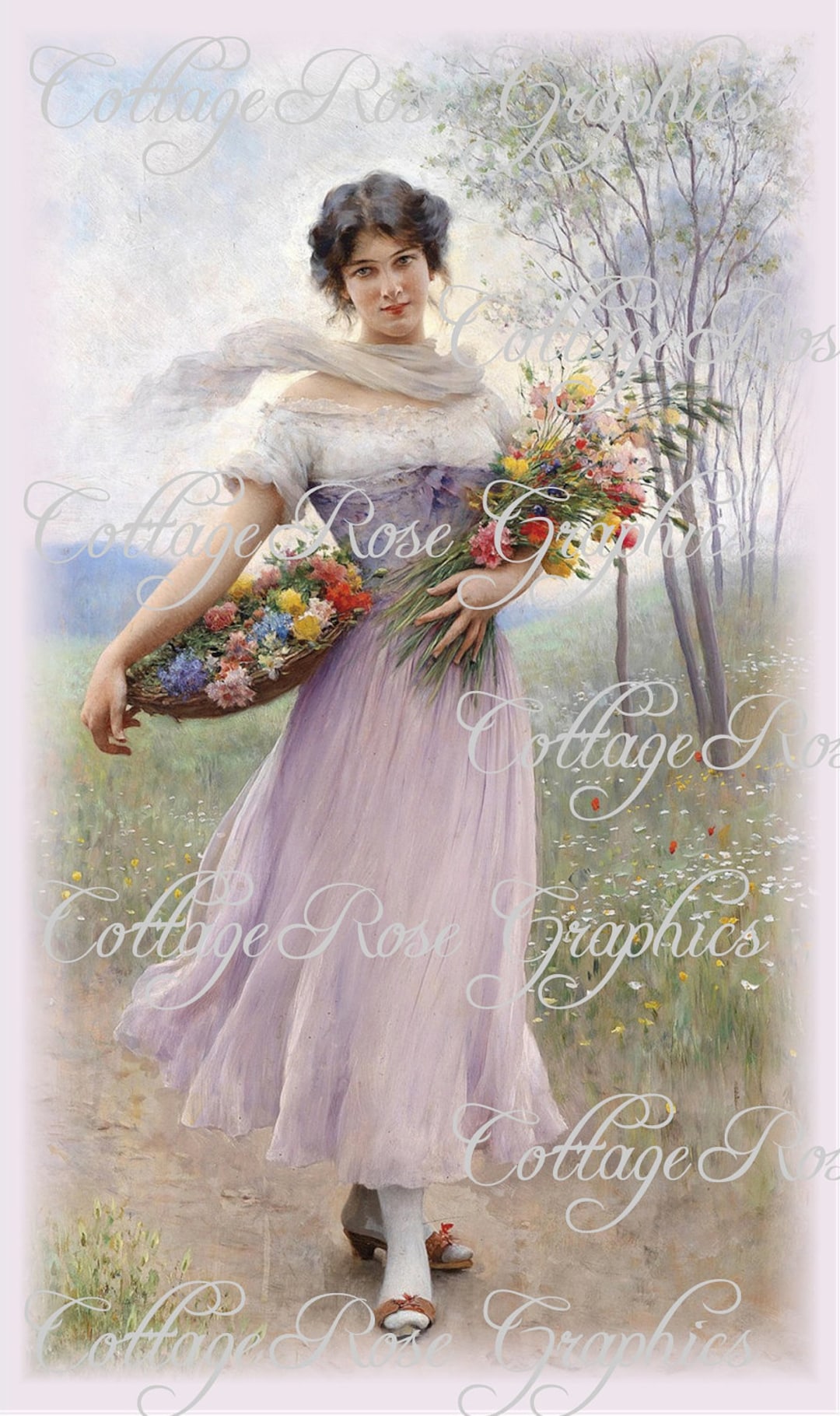 Victorian Lady With Flowers Print: Shabby Chic Cottage Art (digital ...
