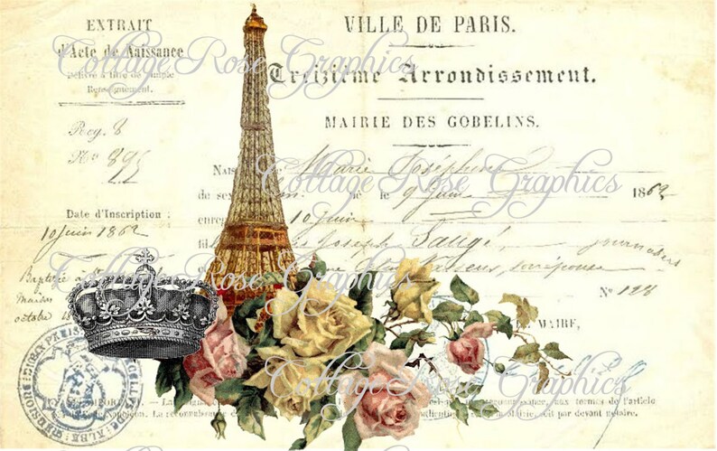 Vintage French image Ville de Paris French Script Eiffel tower Large digital download BUY 3 get one FREE ecs image 1