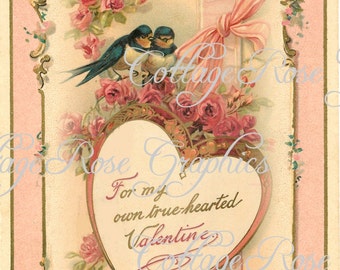 Vintage Valentine Card Digital Download: Pink Roses, Birds (5x7)