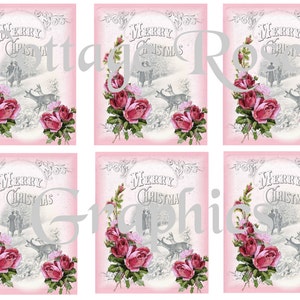 Pink Roses Merry Christmas Greeting Card Sheet (Digital Download)