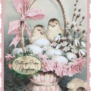 Pink EASTER chicks in a basket digital download ECS buy 3 get one free Pink ROSES romantic cottage svfteam image 1