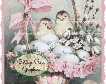 Pink EASTER chicks in a basket  digital download ECS buy 3 get one free Pink ROSES romantic cottage svfteam