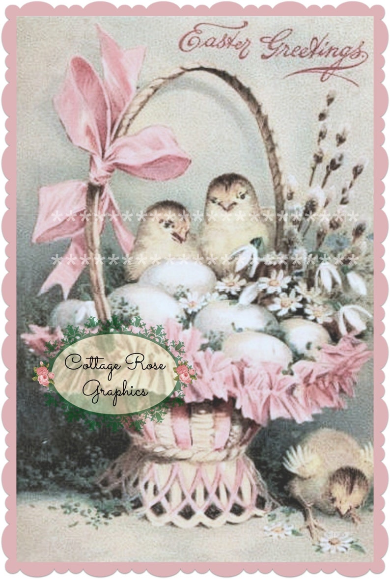 Pink EASTER chicks in a basket digital download ECS buy 3 get one free Pink ROSES romantic cottage svfteam image 1
