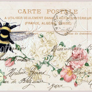 French Bumble Bee Postcard digital download Pink floral Carte Postale collage French Script BUY 3 get one FREE single image