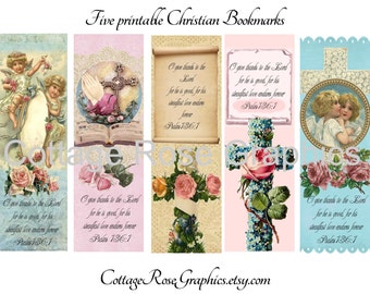 5 Vintage style Christian Bookmarks Large digital download collage pink Roses Cross Bible verse buy 3 get one free ecs, svfteam