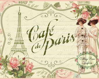 Cafe de Paris Printable Art: Eiffel Tower, Pink Roses (Digital Download)