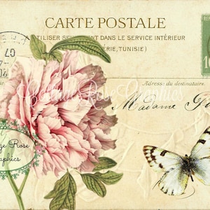 Vintage French Postcard digital download Ruffled Pink Peonies Carte Postale collage French Cottage BUY 3 get ne FREE single image