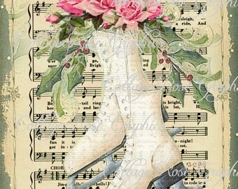 Pink Christmas Ice Skates and roses Large digital download