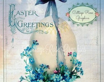 Vintage Easter Egg Digital Download: Forget-Me-Nots & Blue Ribbons