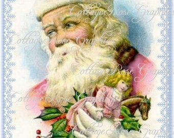 May include: A vintage Christmas illustration of Santa Claus with a pink hat and white beard, holding a doll riding a rocking horse. The background is a light blue sky with snowflakes.