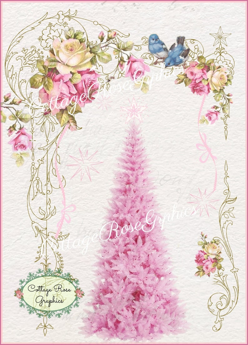 Pink Christmas Tree & Roses bluebirds Large digital download Printable buy 3 get one free image 1