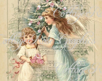 Pink Roses CHRISTMAS Angels vintage shabby cottage Large digital download ECS buy 3 get one free