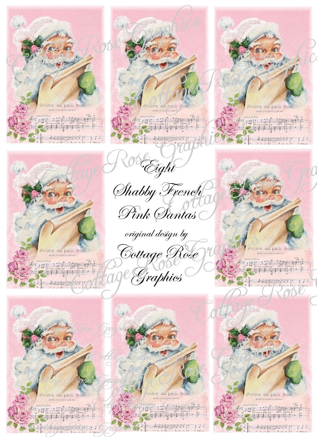 Large Digital Download Collage Pink Shabby French Santa Roses ATC ACEO ...