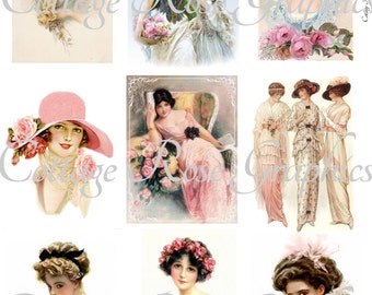 9 Victorian Ladies fashions Large digital download Multiple image collage ATC ACEO ECS pink buy 3 get one free