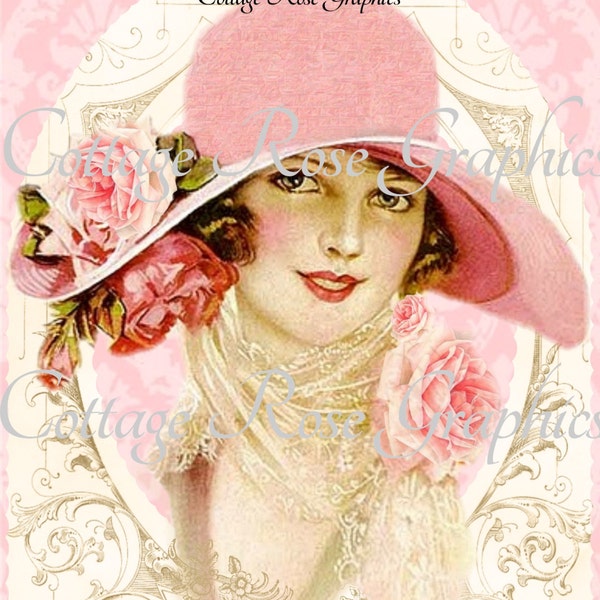 Vintage Pink hat Victorian lady Roses Large digital download  BUY 3 get one FREE ecs svfteam