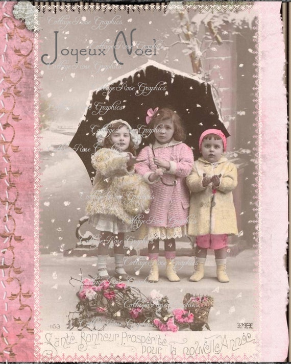 Pink Joyeux Noel Vintage French Photo Collage Large Digital Etsy