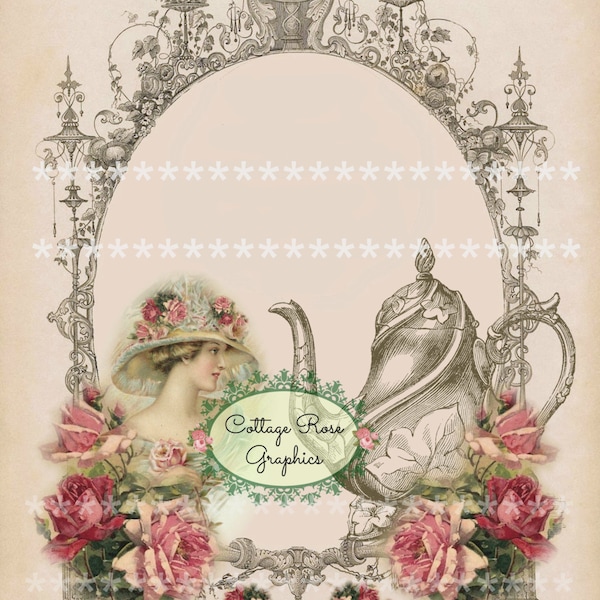 Victorian TEA English ADD your own Text Large digital download  pink roses BUY 3 get one free ecs svfteam