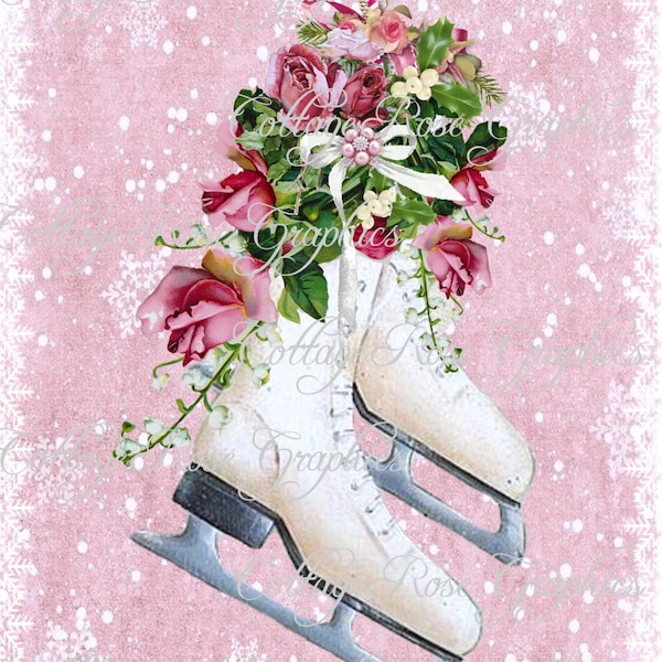Pink Christmas Ice Skates and bouquet of  roses Large digital download buy 3 get one free