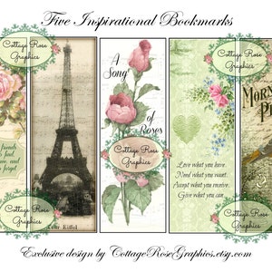 Può includere: Set di cinque segnalibri stampabili con design di ispirazione vintage, motivi floreali, citazioni e testo. I segnalibri includono una citazione sull'amicizia, una canzone di rose, una citazione sull'amore, una preghiera del mattino e un'immagine della Torre Eiffel.