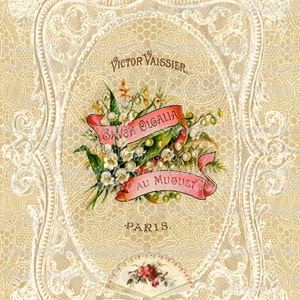 May include: A vintage advertisement for "Savon Olgalia Au Muguet" soap by Victor Vaissier in Paris. The image features a bouquet of lily of the valley flowers with a pink ribbon that reads "Savon Olgalia Au Muguet" and a lace background.
