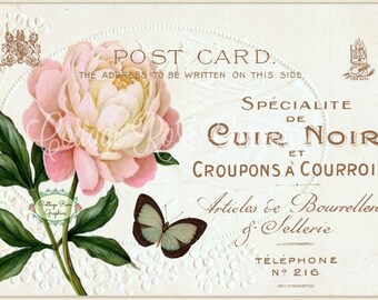 Vintage rosa Rose Postkarte: Französische Typografie Collage (Digitaler Download)