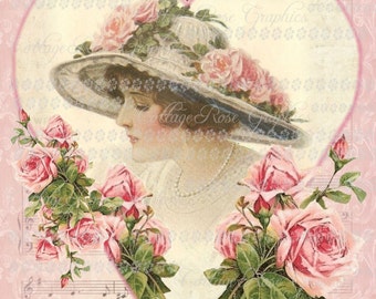Love Song Heart digital large format Pink Roses vintage Music Valentine single image ECS buy 3 get one free ECS
