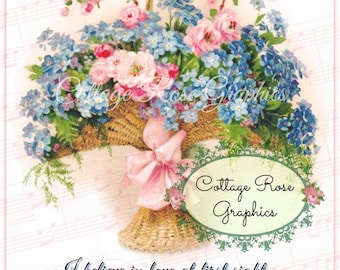 Victorian Mother's Day collage Basket of pink roses and Forget me nots Large digital download BUY 3 get one FREE ecs  svfteam