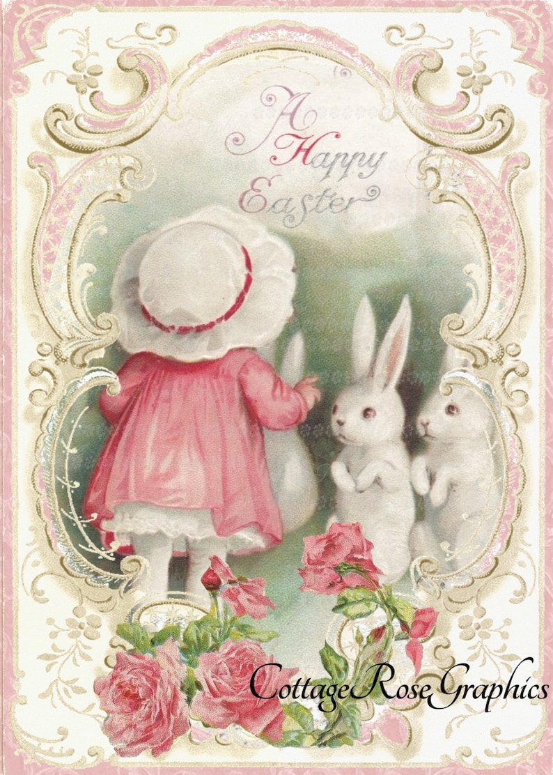 Vintage Happy Easter Bunnies Large digital download ECS buy 3 get one free romantic cottage single image rdtt svfteam image 1
