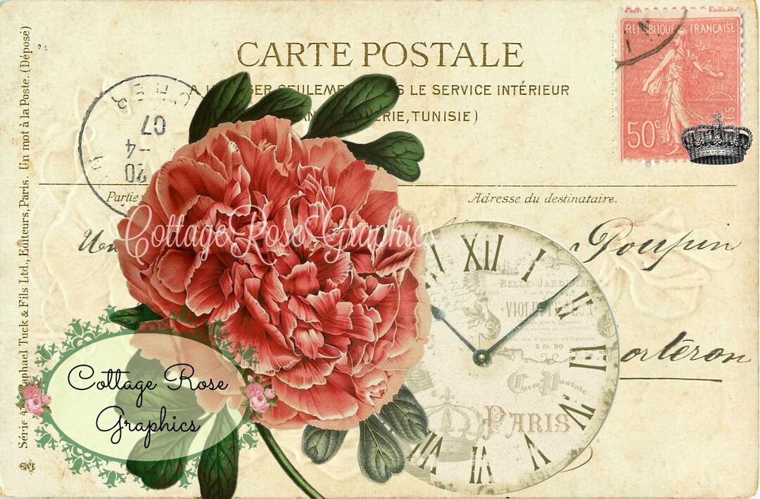 Postcard Ruffle Edges Vintage French Postcard Digital Download Ruffled Peony Paris Clock ...