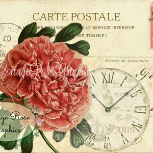 Vintage French Postcard digital download Ruffled Peony Paris clock Carte Postale collage French Cottage BUY 3 get ne FREE single image
