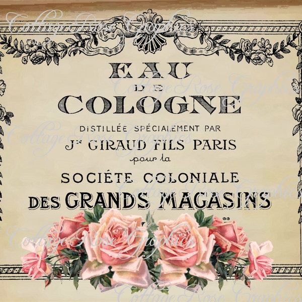 Vintage French digital Pink Roses Eau de Colonge French Perfume Large digital download BUY 3 get one FREE single image ECS