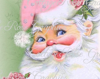May include: A vintage Christmas illustration of Santa Claus with a pink hat and white beard. He is looking to the left with a smile. There are pink roses and snowflakes in the background.