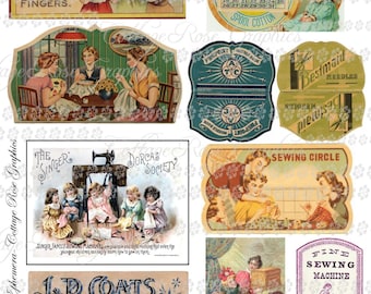 May include: A collection of vintage sewing ephemera featuring illustrations of women sewing, children, and advertisements for sewing supplies. Includes images of sewing cards, thread spools, and sewing machine oil.