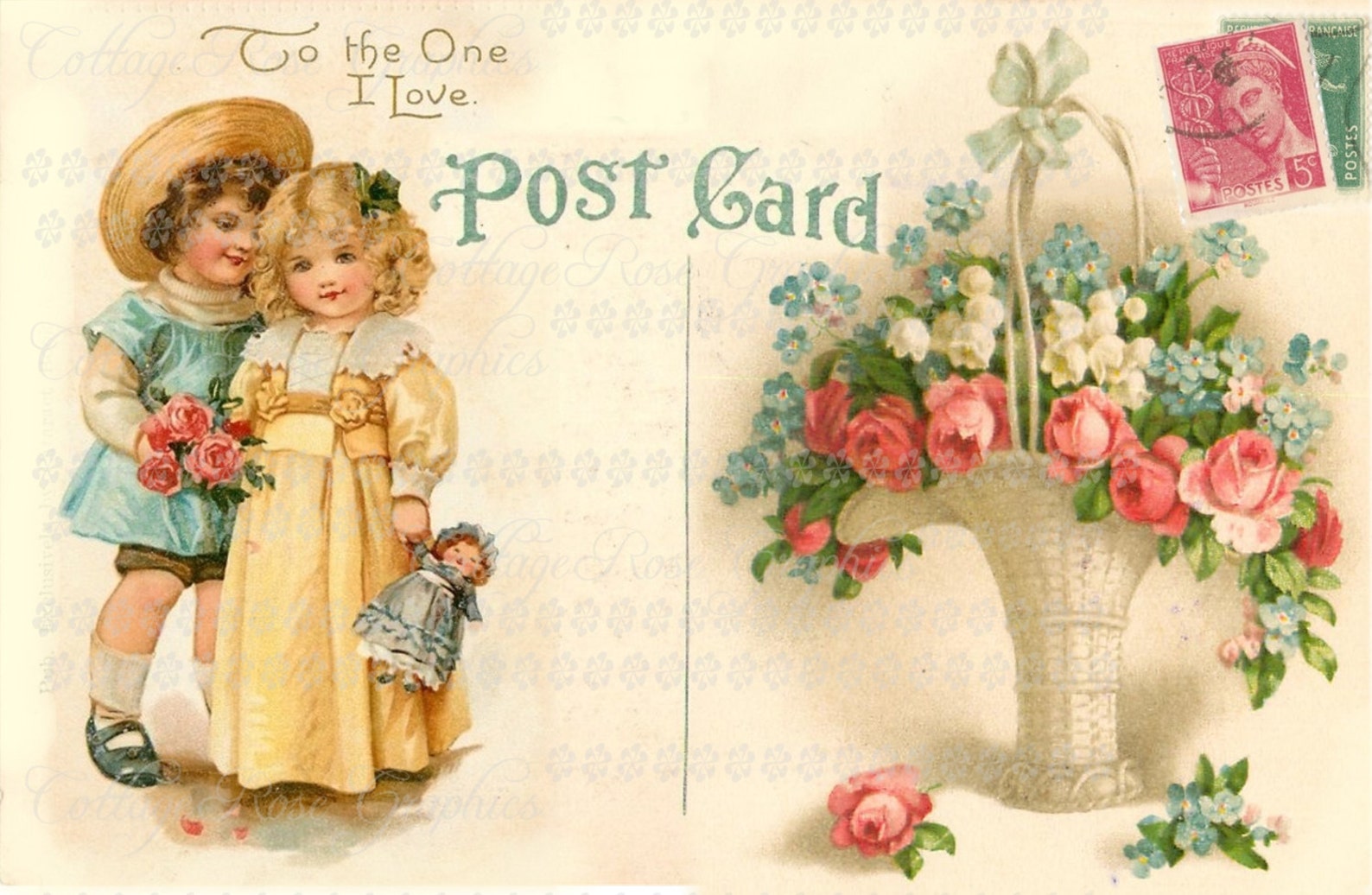 To the One I Love Valentine Large Digital Download Pink Roses Vintage Postcard Single Image ECS ...