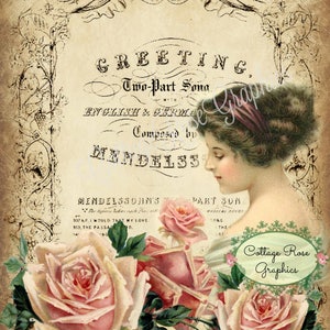 Vintage Greeting lady pink roses old music typography digital download cottage chic Buy 3 get one FREE image 1