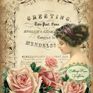 Vintage Lady with Pink Roses & Music Typography (Digital Download)