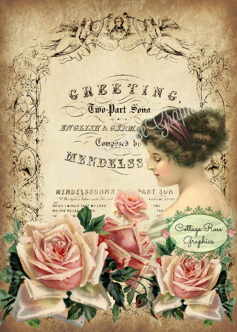 Vintage Greeting lady pink roses old music typography digital download cottage chic Buy 3 get one FREE image 1