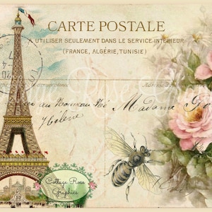 Vintage Eiffel Postcard digital download Pink roses Carte Postale collage French Script BUY 3 get one FREE single image