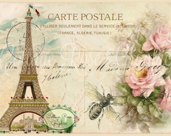 Vintage Eiffelturm Postkarte mit pinken Rosen (Digitaler Download)